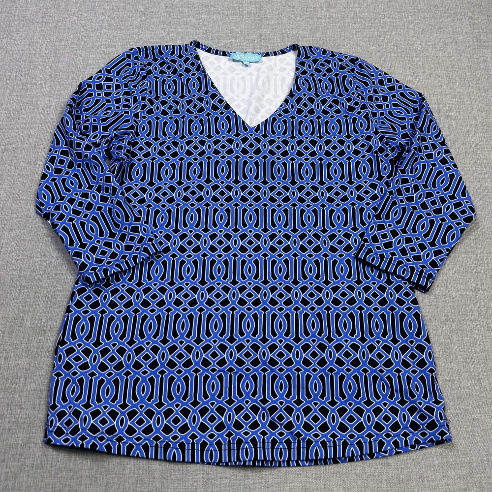 Anthony's Resort Wear Tunic Blouse Womens S Blue V-Neck 3/4 Sleeve Geometric